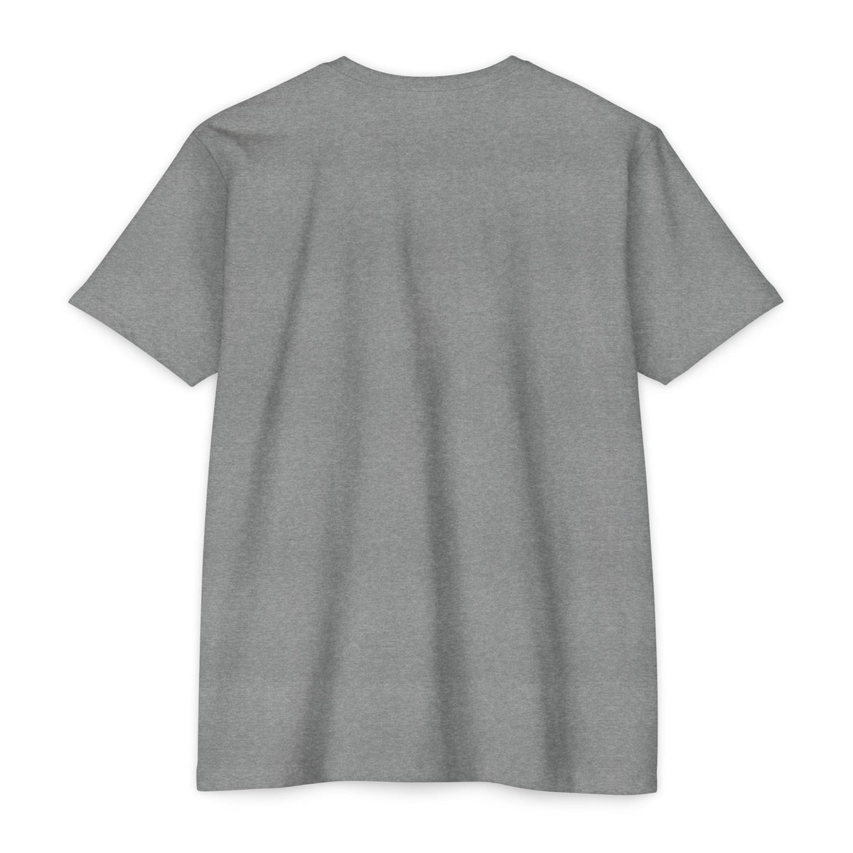 Back view of a PURETE unisex grey CVC jersey t-shirt made from a lightweight cotton-poly blend with a classic fit.