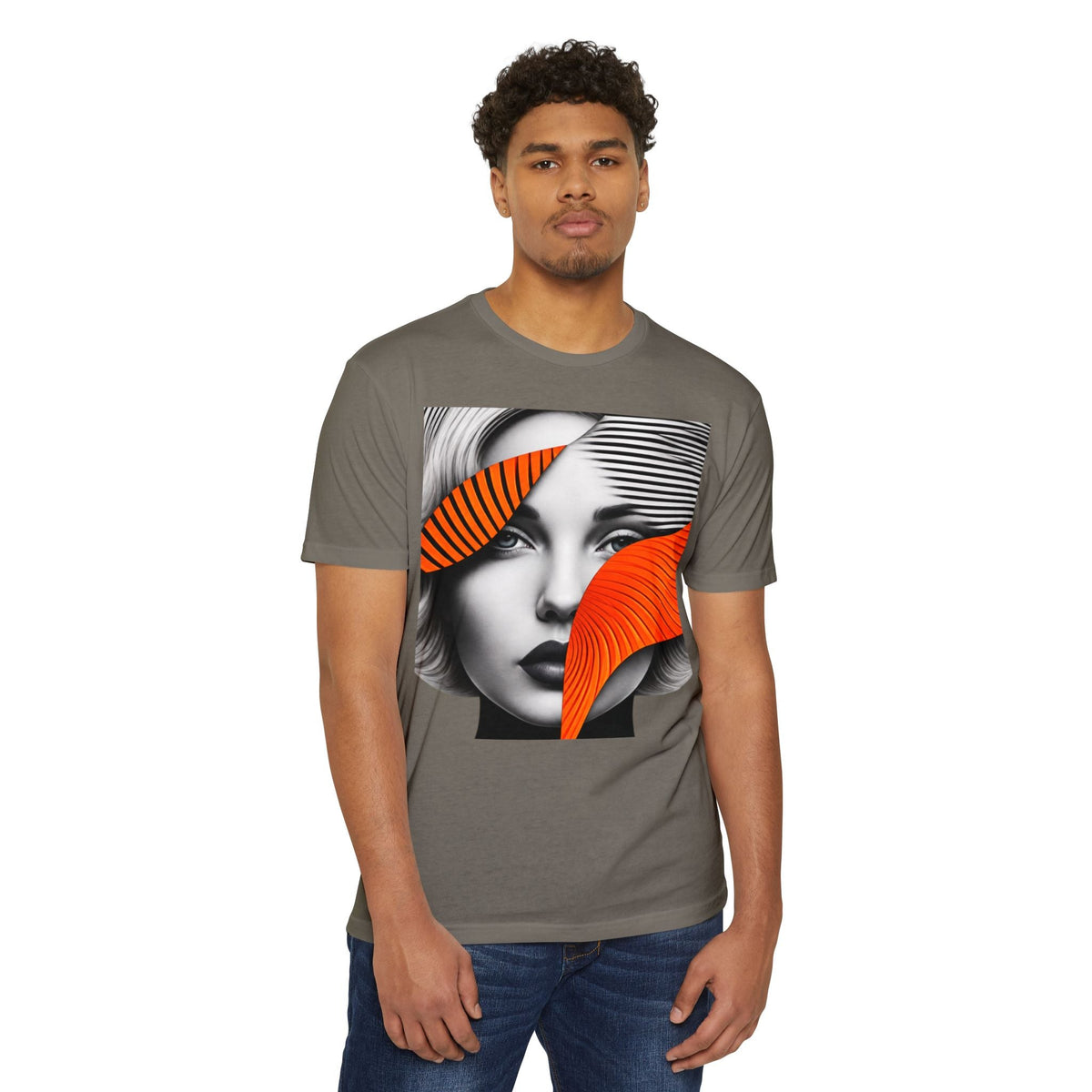 A man wearing a PURETE grey CVC jersey t-shirt featuring a graphic print of a woman's face with orange accents.