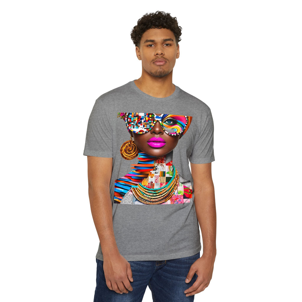 PURETE unisex grey CVC jersey t-shirt featuring a vibrant pop art graphic of a woman with colorful accessories