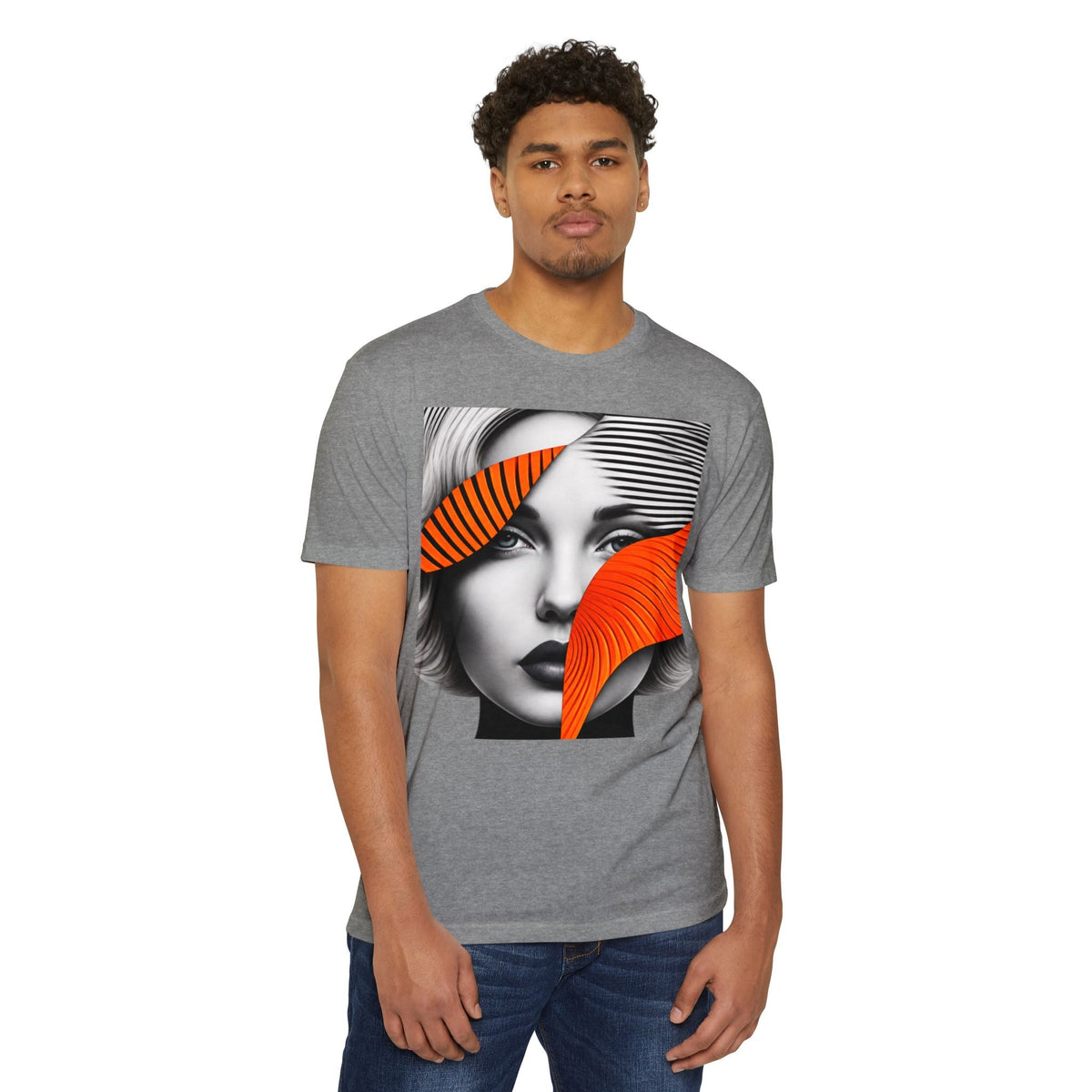 PURETE unisex grey CVC jersey t-shirt featuring a graphic print of a woman's face with orange abstract accents