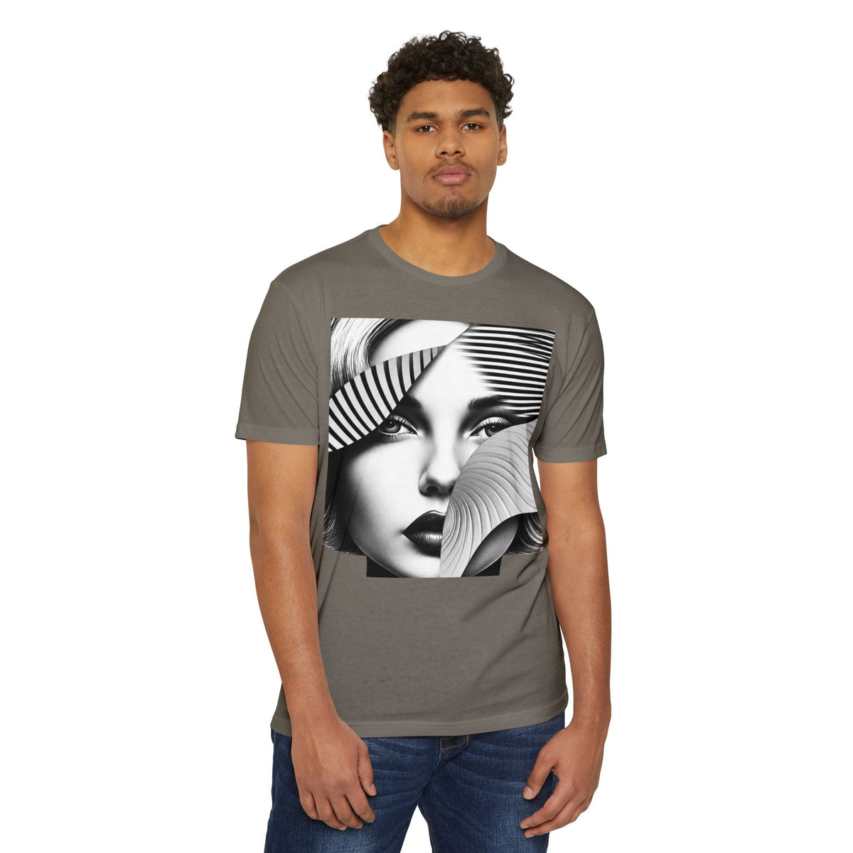 A man wearing a PURETE grey CVC jersey t-shirt with a black and white graphic print of a woman's face.