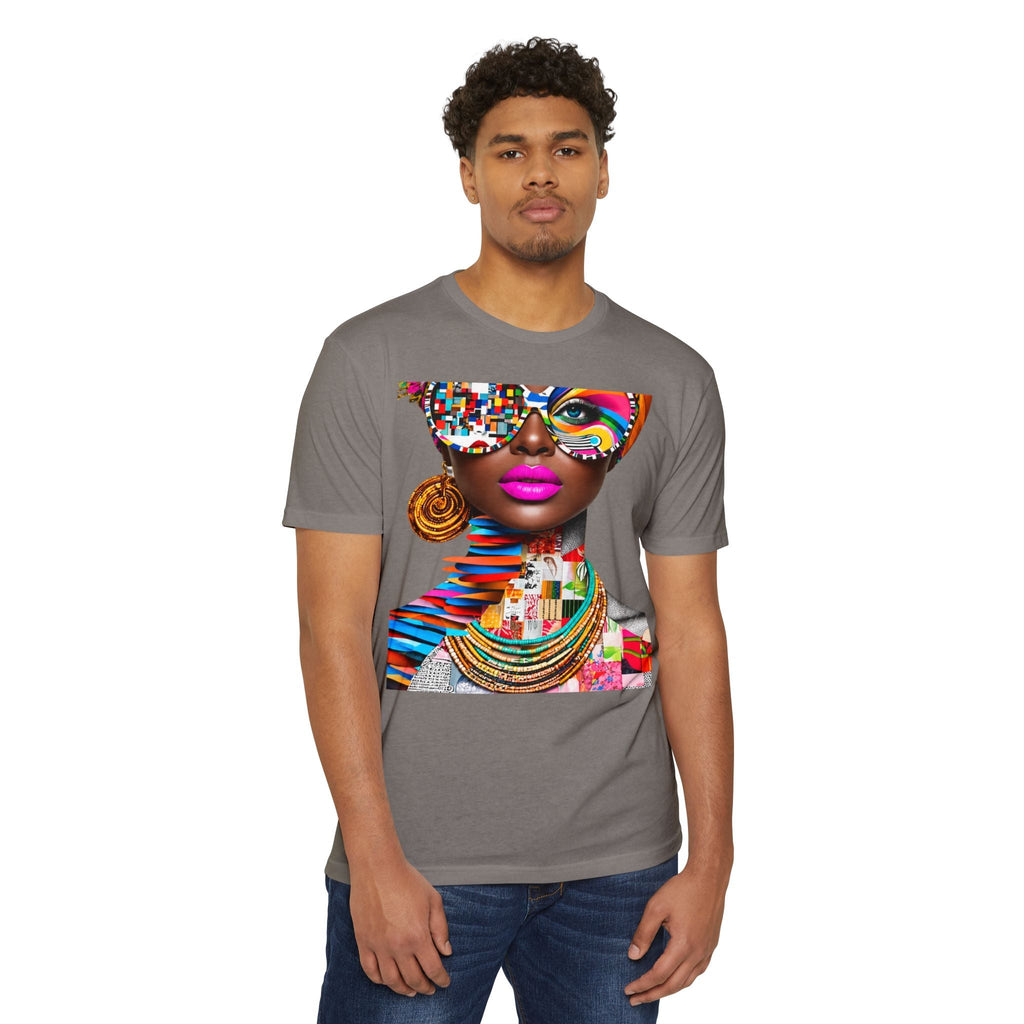 PURETE grey unisex CVC jersey t-shirt featuring a vibrant abstract portrait graphic of a woman with colorful glasses.