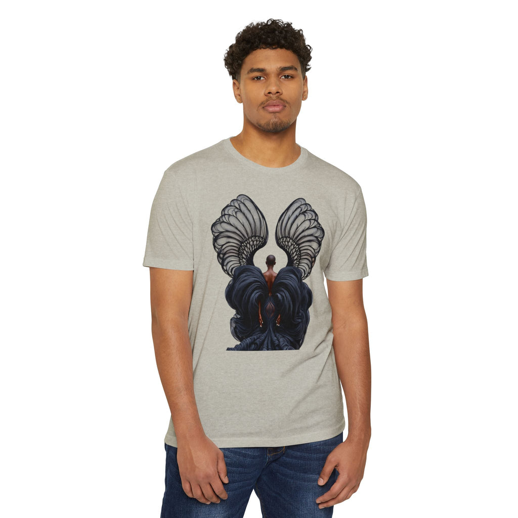 PURETE unisex heather grey CVC jersey t-shirt featuring a detailed graphic of dark angel wings on a male model