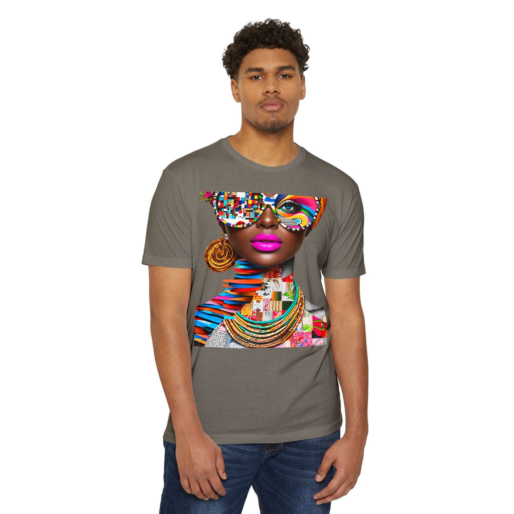 A man wearing a PURETE grey CVC jersey t-shirt featuring a vibrant, colorful abstract portrait graphic print.