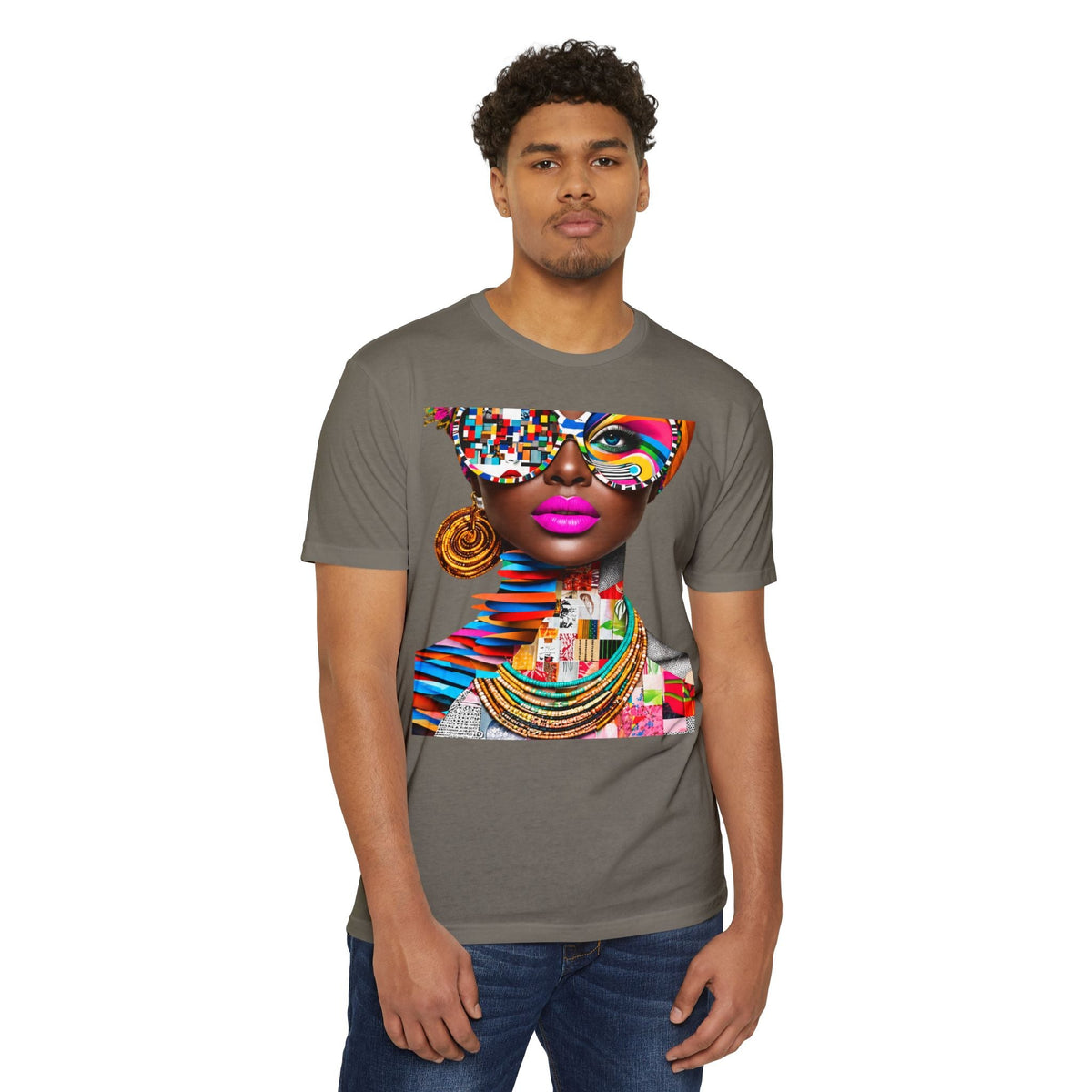 A man wearing a PURETE grey CVC jersey t-shirt featuring a vibrant, colorful abstract portrait graphic print.