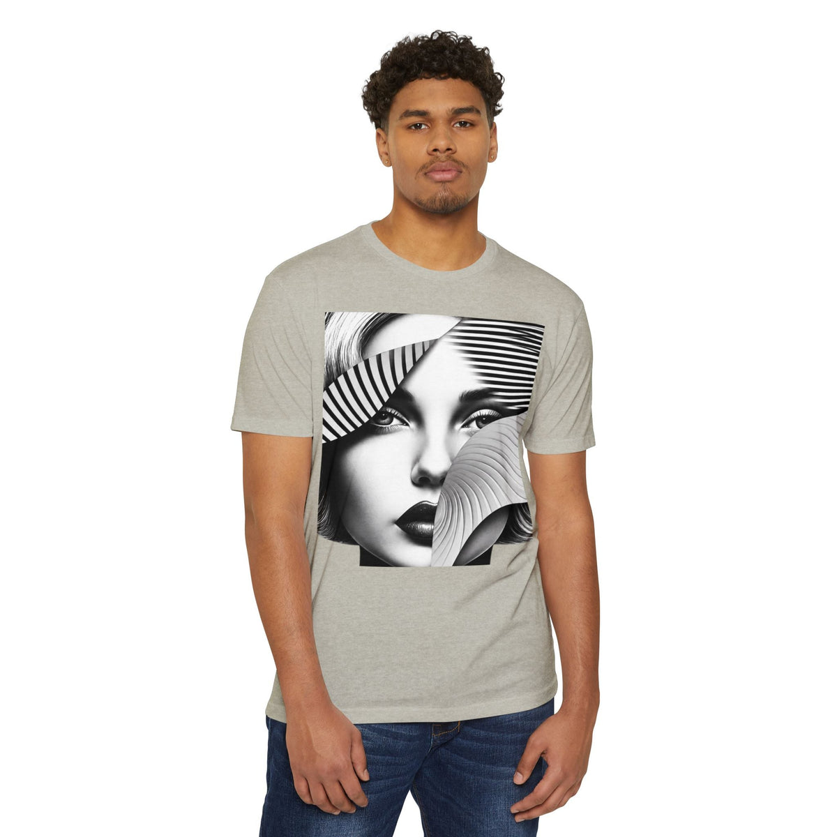 PURETE unisex grey CVC jersey t-shirt featuring a black and white abstract face graphic on a male model