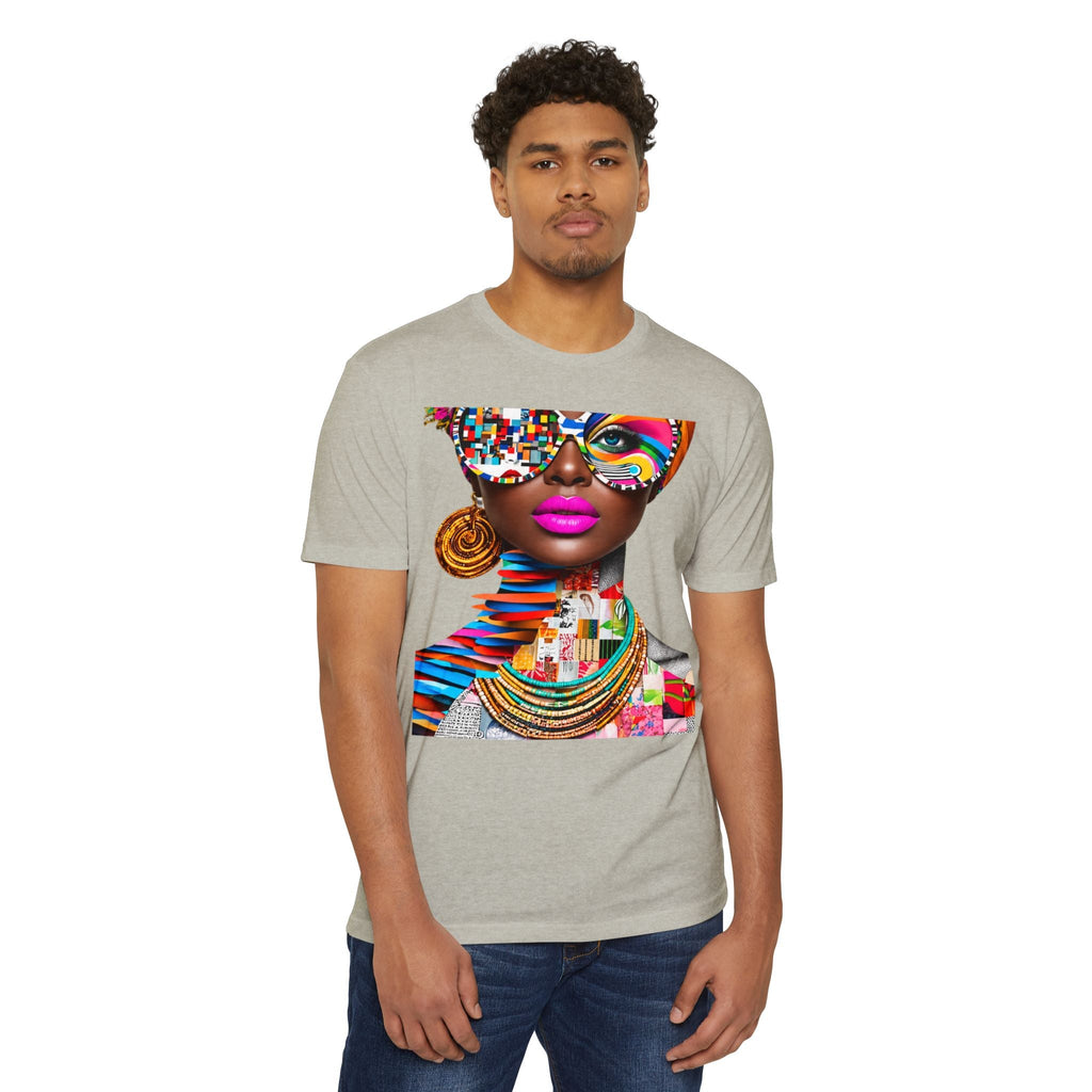 PURETE unisex grey CVC jersey t-shirt featuring a vibrant abstract portrait graphic of a woman with colorful glasses.