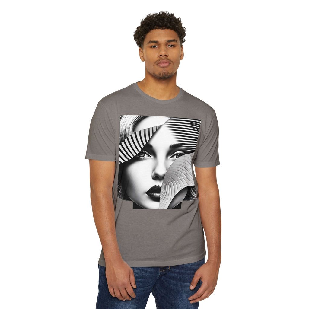 PURETE unisex grey CVC jersey t-shirt featuring a black and white graphic print of a woman's face on a model.