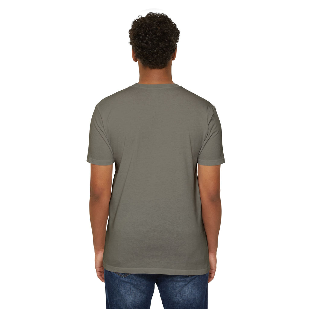 Back view of a man wearing a PURETE grey CVC jersey t-shirt with a classic fit and short sleeves.