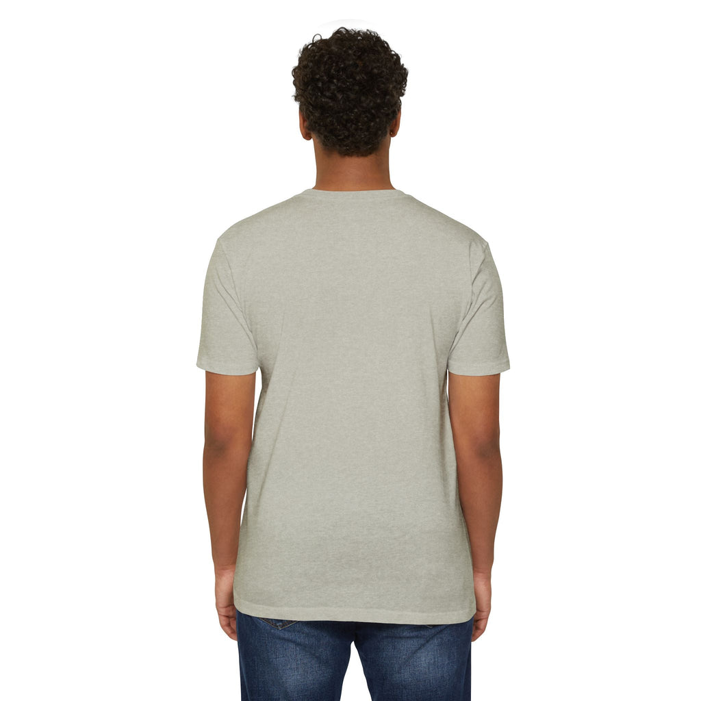 Back view of a person wearing a PURETE grey CVC jersey t-shirt made from a lightweight cotton-poly blend.