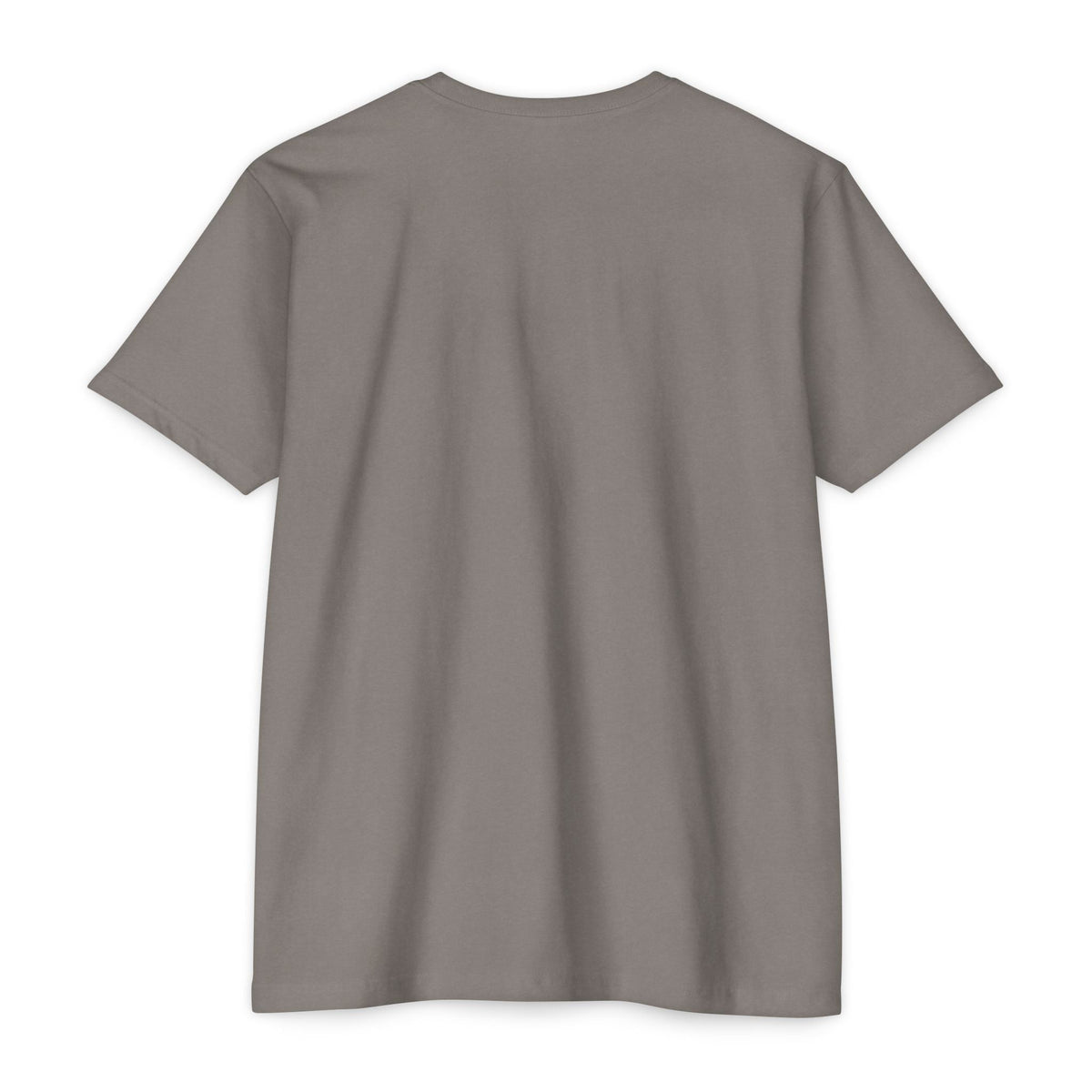 Back view of a PURETE unisex grey CVC jersey t-shirt made from a lightweight cotton-poly blend with a classic fit.