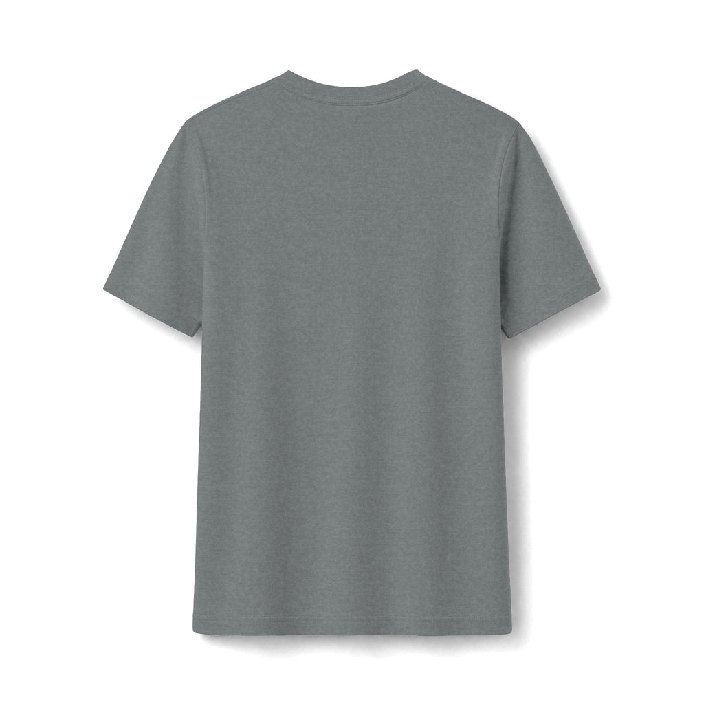 PURETE grey fitted cotton-blend t-shirt, back view, showing a clean minimalist design and short sleeves.