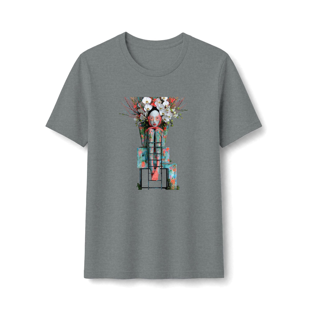 PURETE grey fitted graphic t-shirt featuring a surreal robot figure adorned with vibrant flowers on the front
