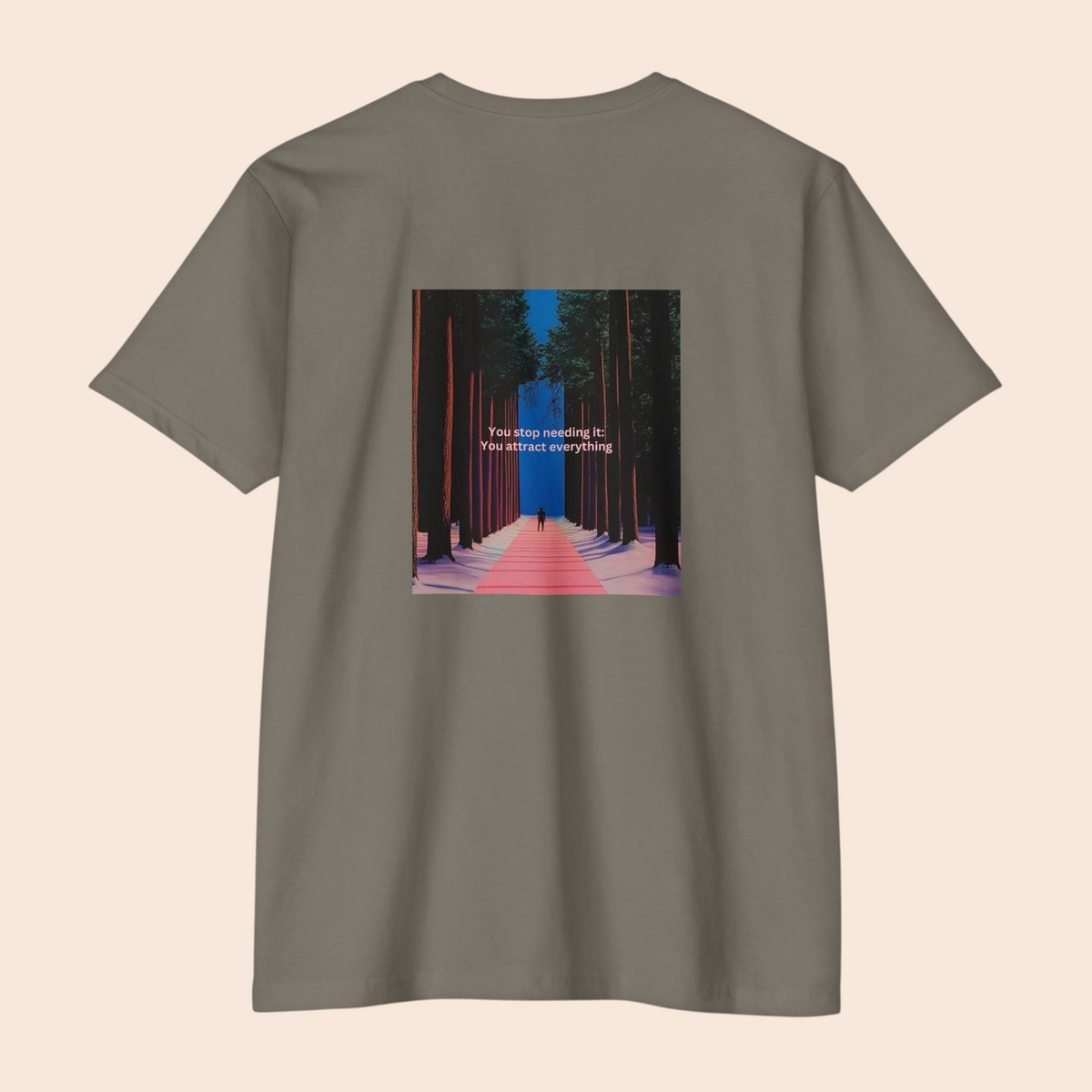 Back view of a PURETE grey cotton t-shirt featuring a graphic print of a forest path and motivational text.