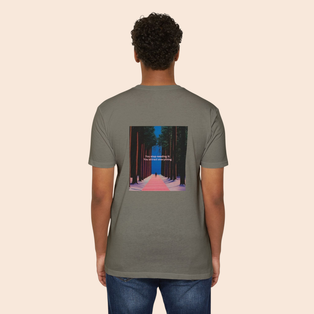 PURETE grey cotton t-shirt featuring a back graphic of a forest pathway with the quote You attract everything