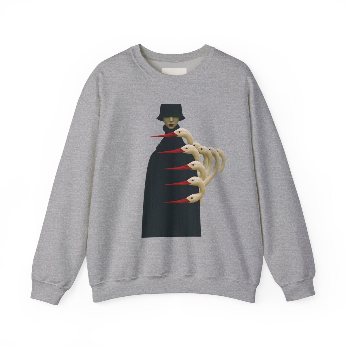PURETE grey crewneck sweatshirt featuring a gothic figure graphic with surreal bird-like skeletal hands on the chest.