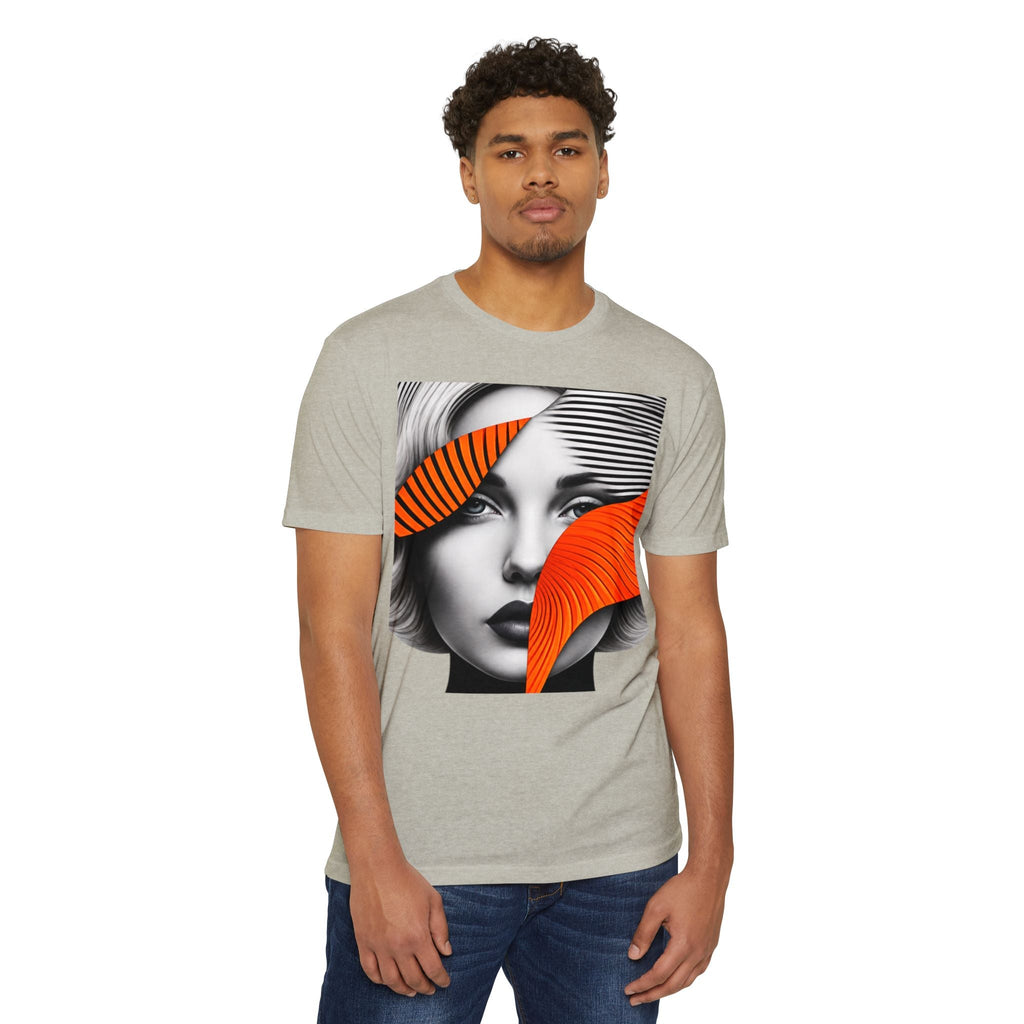 PURETE unisex grey CVC jersey t-shirt with a graphic print of a woman's face featuring orange striped accents