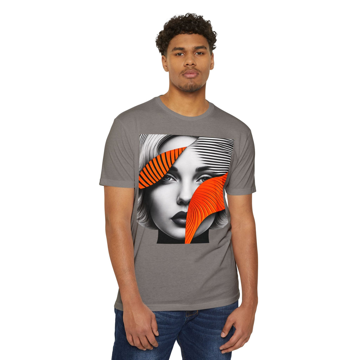 PURETE unisex grey CVC jersey t-shirt featuring a graphic print of a woman's face with abstract orange accents.