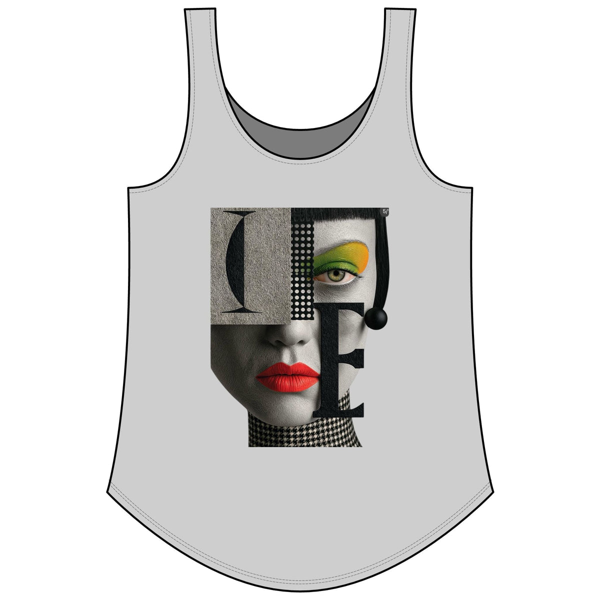 PURETE women's grey festival tank top featuring a graphic print of a stylized face with bold red lips and green eyes.