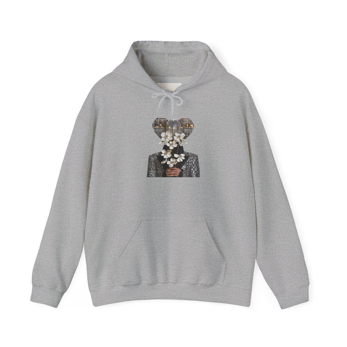 PURETE grey cotton-blend hoodie featuring a graphic print of a person holding white flowers on the chest.