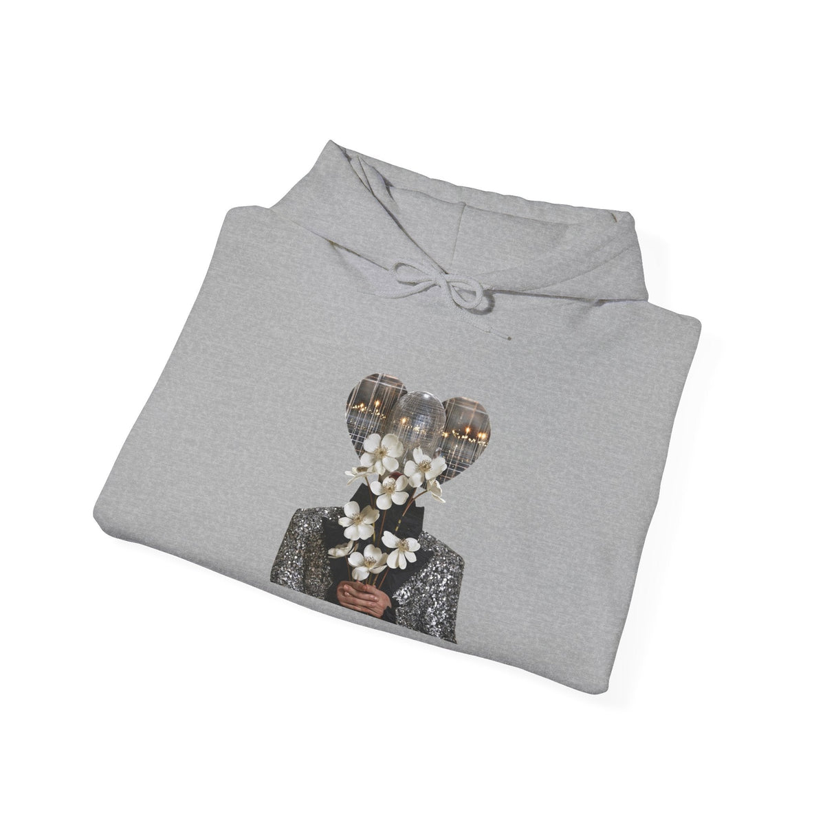 PURETE grey hooded sweatshirt featuring a graphic print of a person holding white flowers with a disco ball head.