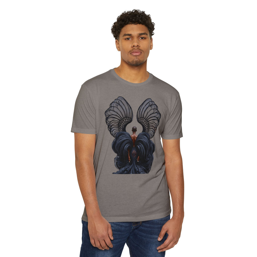 PURETE grey cotton-poly blend unisex t-shirt featuring a detailed graphic print of dark angel wings on a man