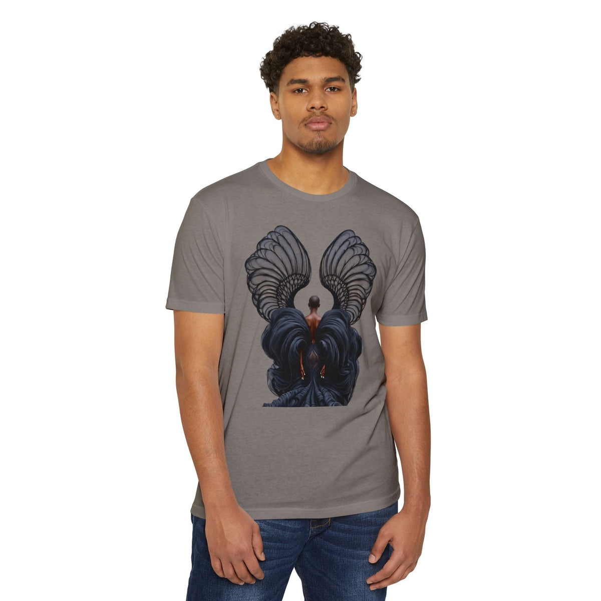 PURETE grey cotton-poly blend unisex t-shirt featuring a detailed graphic print of dark angel wings on a man