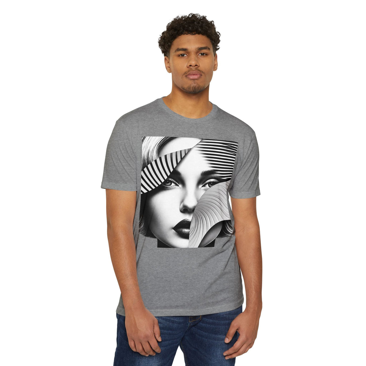 A man wearing a PURETE grey CVC jersey t-shirt featuring a black and white graphic print of a woman's face.
