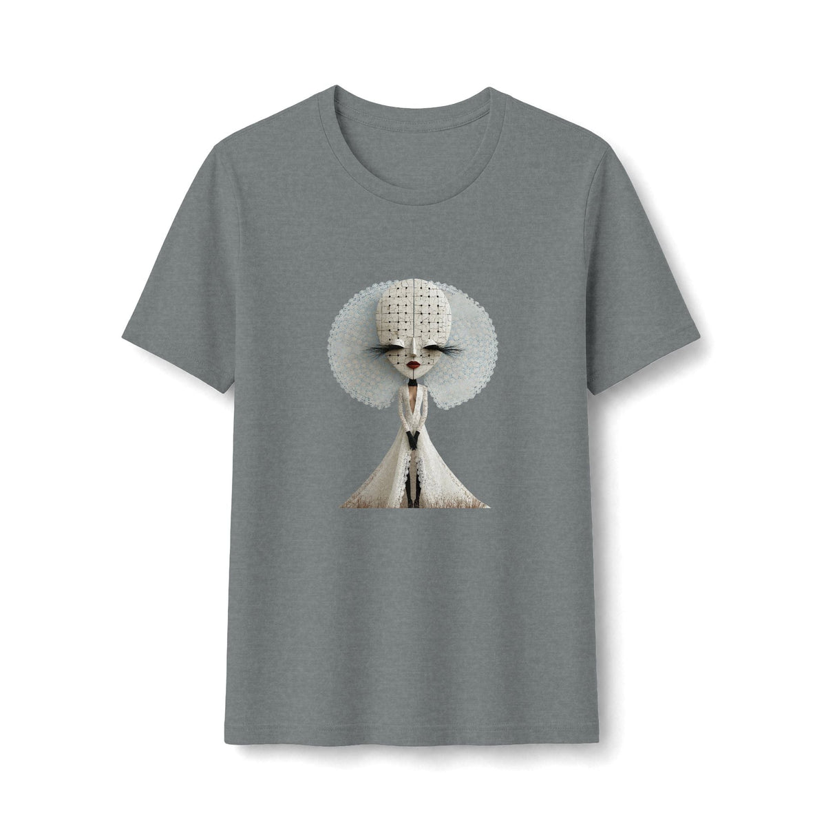 PURETE grey fitted graphic t-shirt featuring an ethereal stylized woman with a white sculptural halo design.