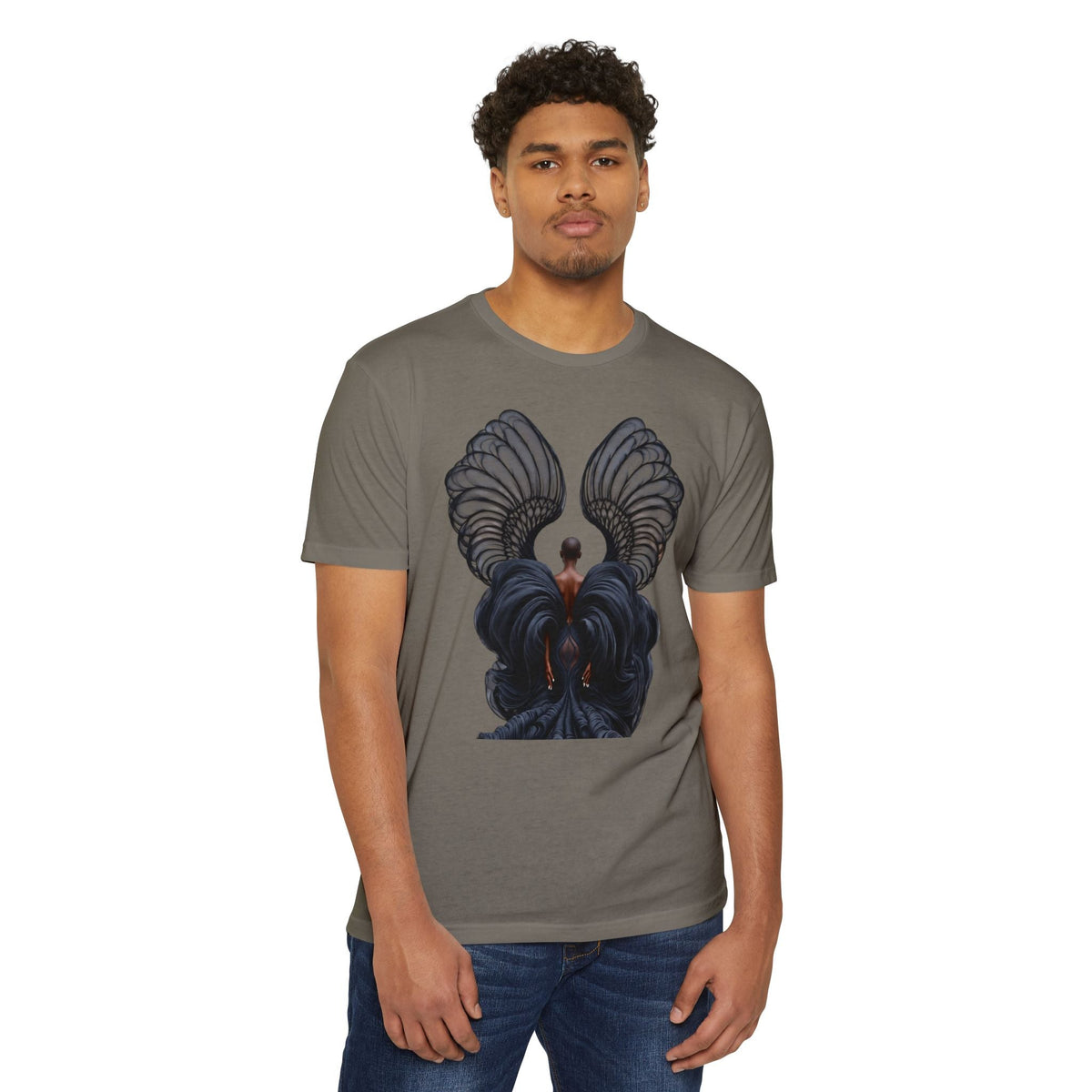PURETE unisex grey CVC jersey t-shirt featuring a detailed graphic of dark angel wings on a male model