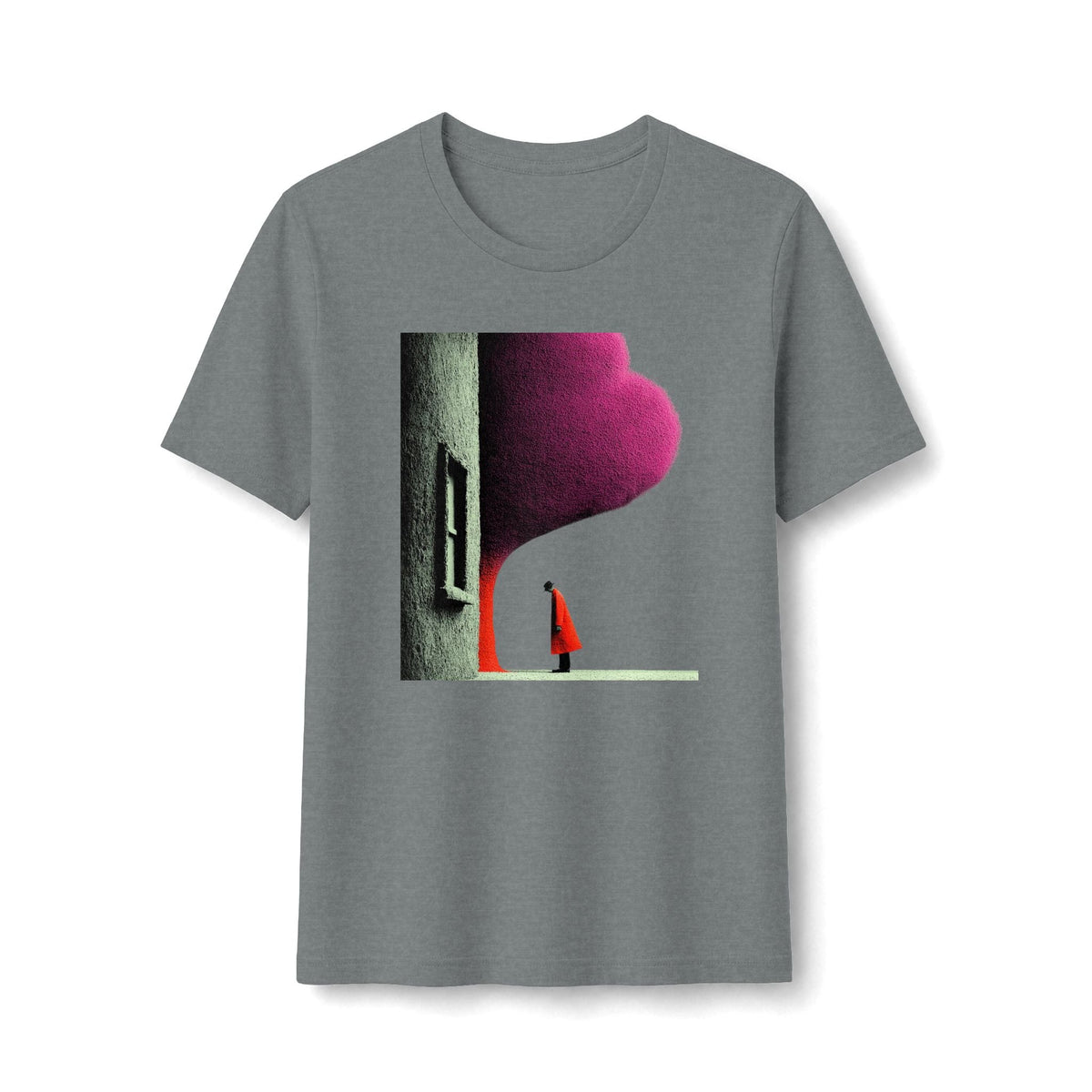 PURETE grey graphic tee featuring a lone figure in a red cloak standing by an arched doorway under a magenta sky.