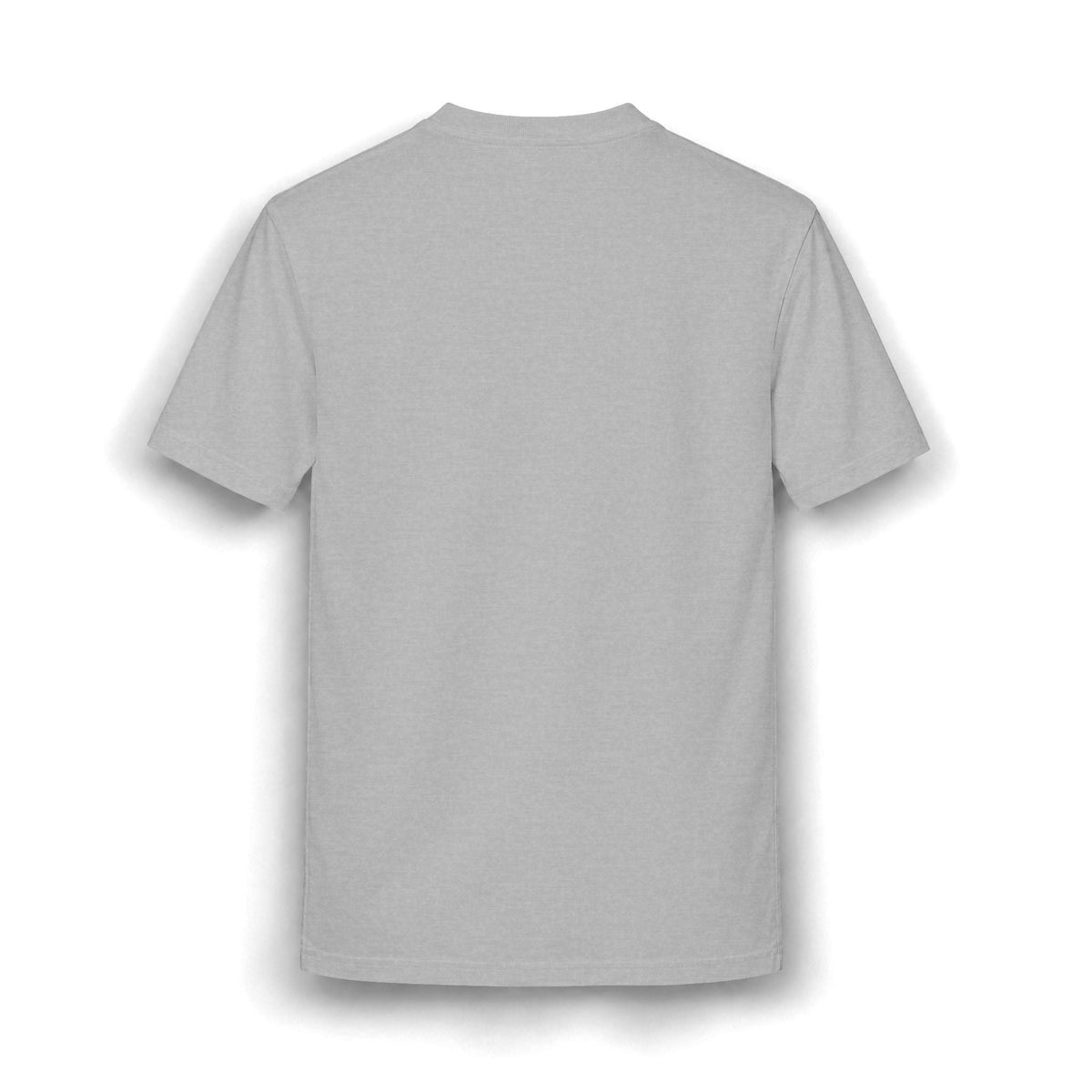PURETE grey heather short-sleeve crew neck t-shirt, back view, made from a soft cotton-polyester blend.