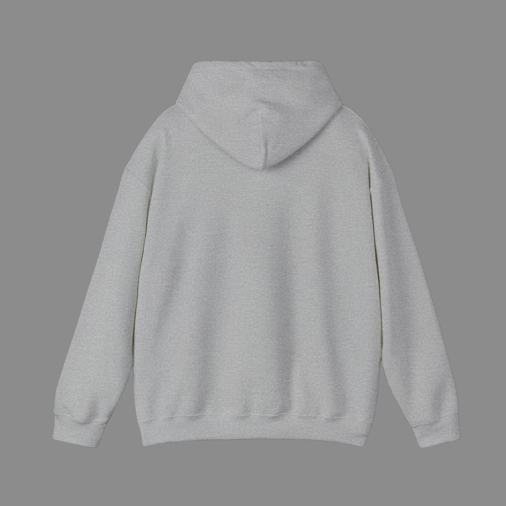 PURETE unisex grey hooded sweatshirt made from a soft cotton-poly blend, shown from the back.