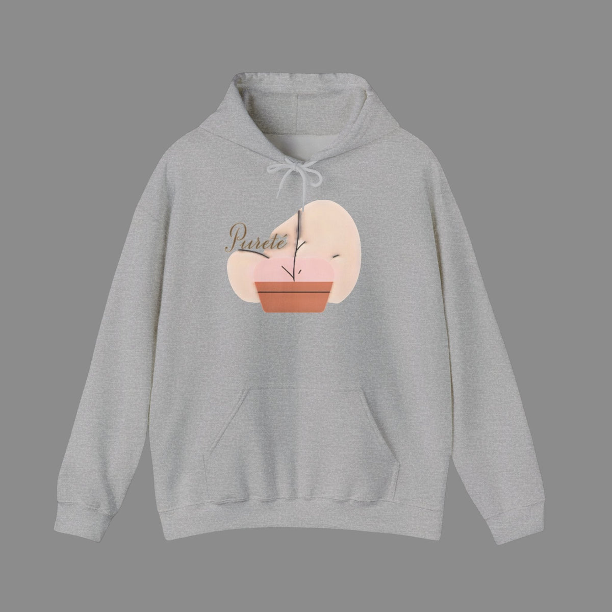 PURETE grey unisex heavy blend hooded sweatshirt with a minimalist potted plant graphic and brand logo on the chest