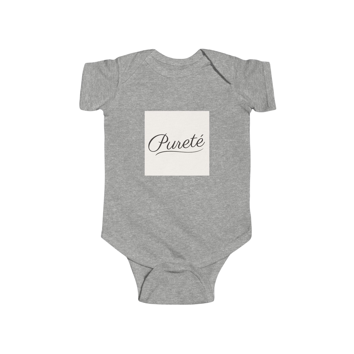 PURETE infant bodysuit in heather grey cotton with a white square chest print featuring elegant black script text.