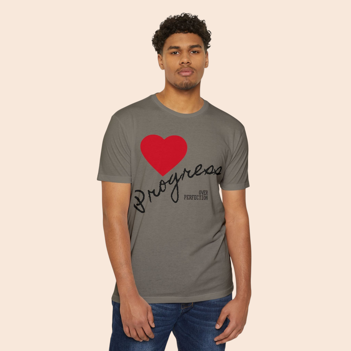 PURETE grey cotton blend t-shirt featuring a red heart and Progress Over Perfection text on a male model