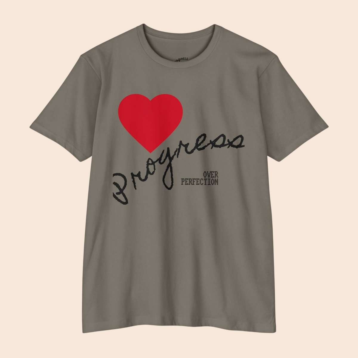 PURETE grey cotton blend t-shirt featuring a red heart and hand-lettered Progress Over Perfection graphic