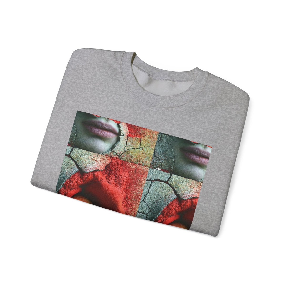 PURETE grey crewneck sweatshirt featuring a surreal grid print of a red rose and face on the chest.