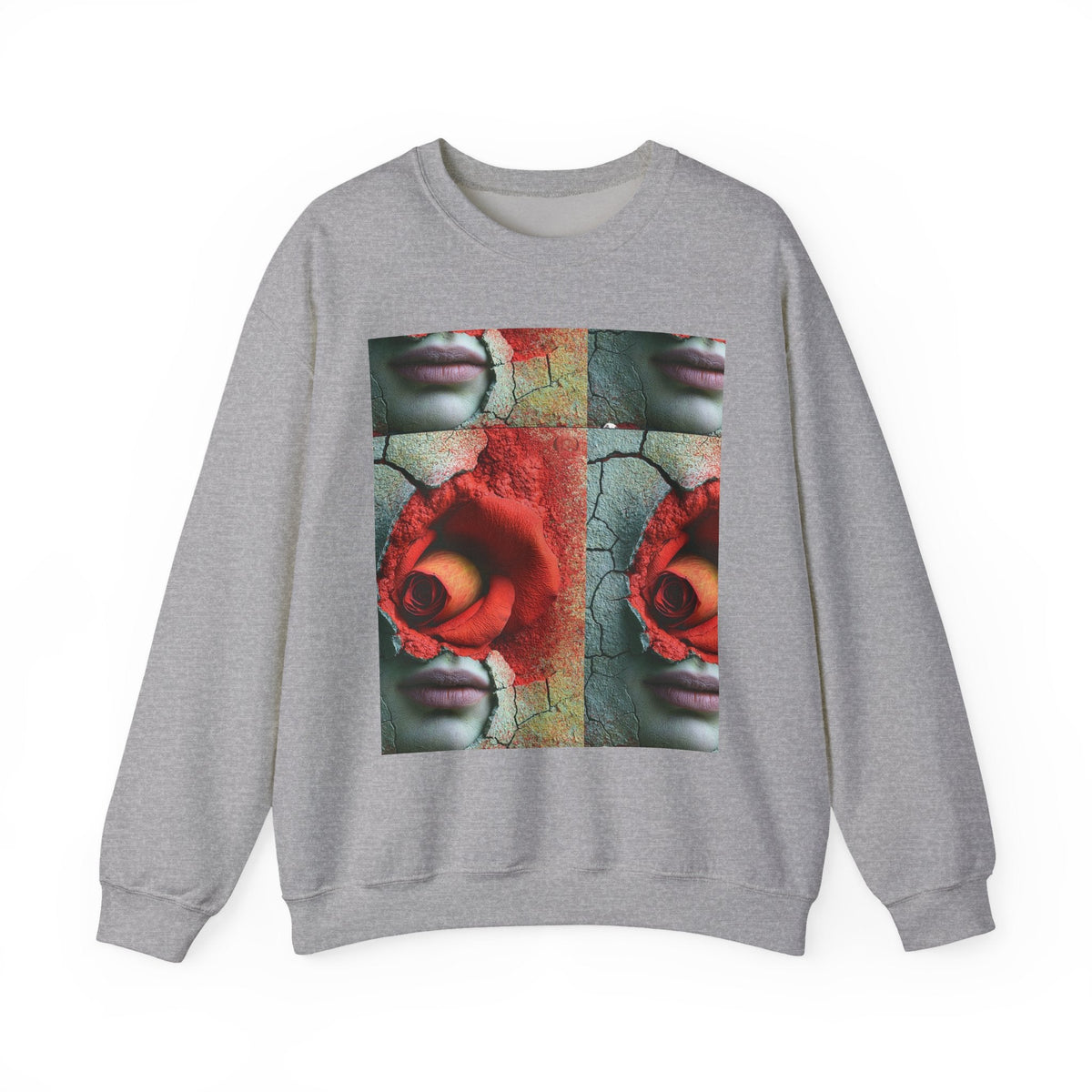 PURETE grey crewneck sweatshirt featuring a surreal art print of a red rose and face on a cracked earth background