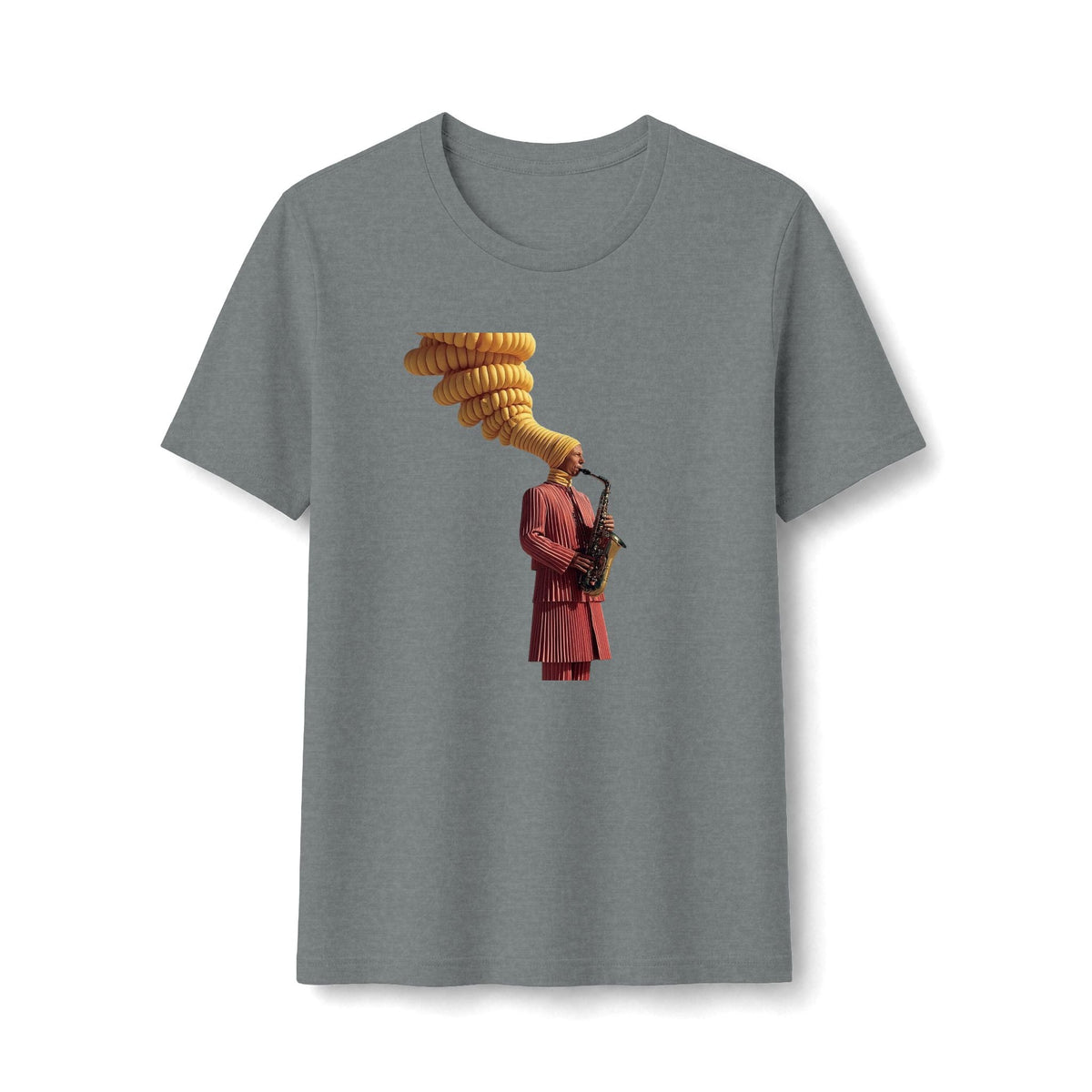 PURETE grey slim-fit women's tee featuring a vintage graphic of a saxophonist in a red suit with golden notes.
