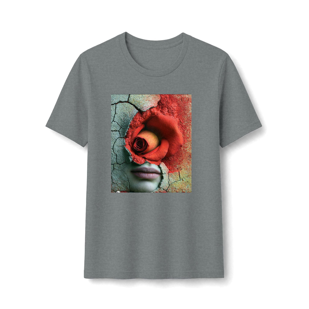 PURETE grey fitted graphic t-shirt featuring a surreal portrait of a face with a red rose and cracked texture print.
