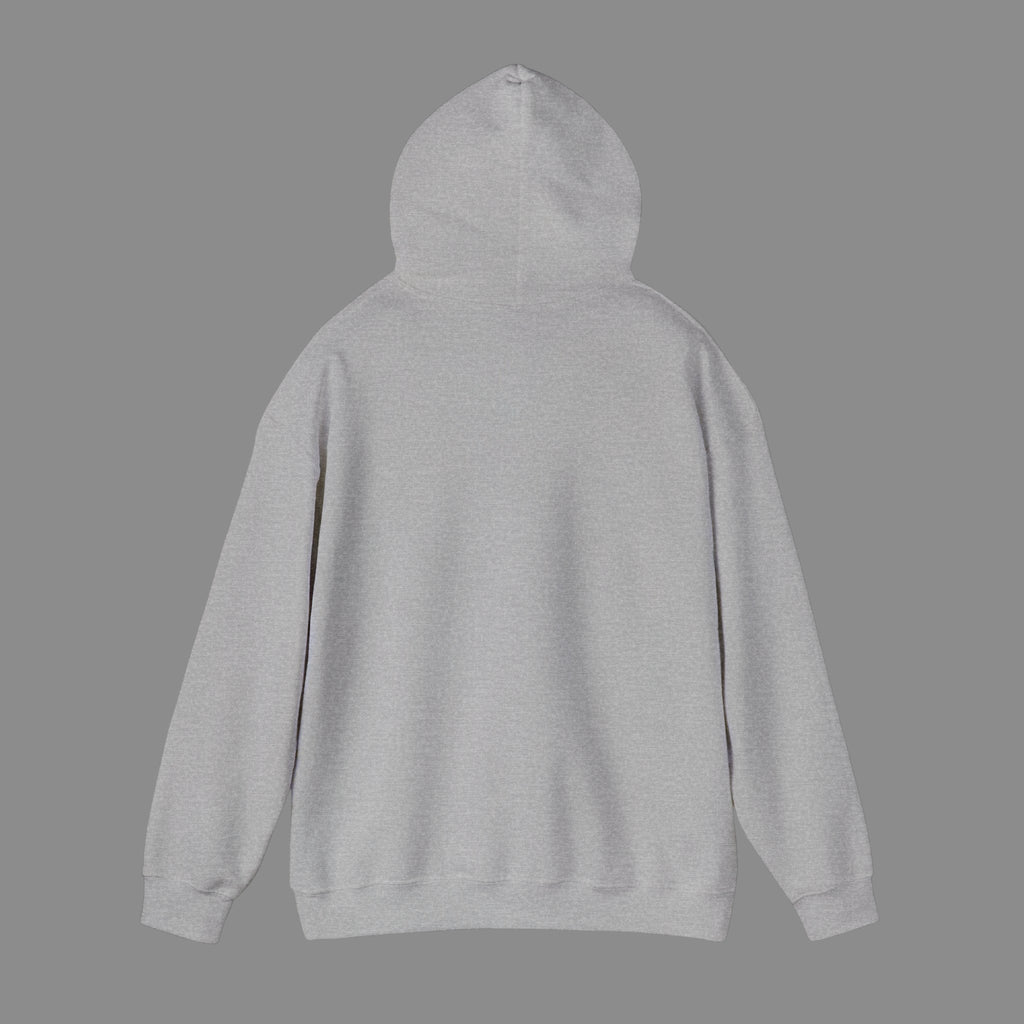 Back view of a PURETE grey unisex heavy blend hooded sweatshirt with a double-lined hood and ribbed cuffs.