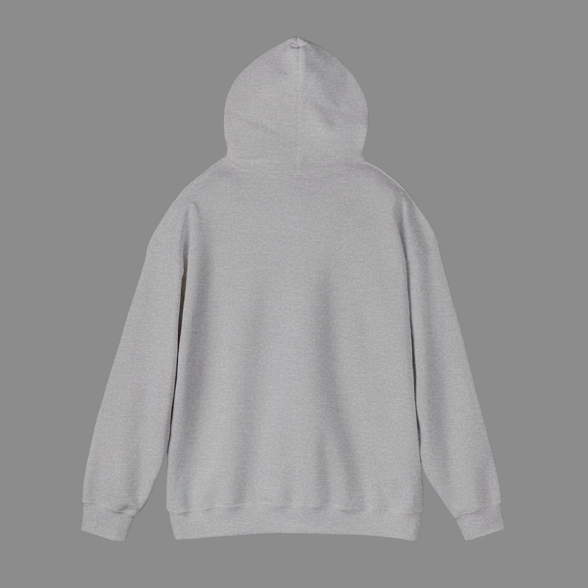 Back view of a PURETE grey unisex heavy blend hooded sweatshirt with a double-lined hood and ribbed cuffs.