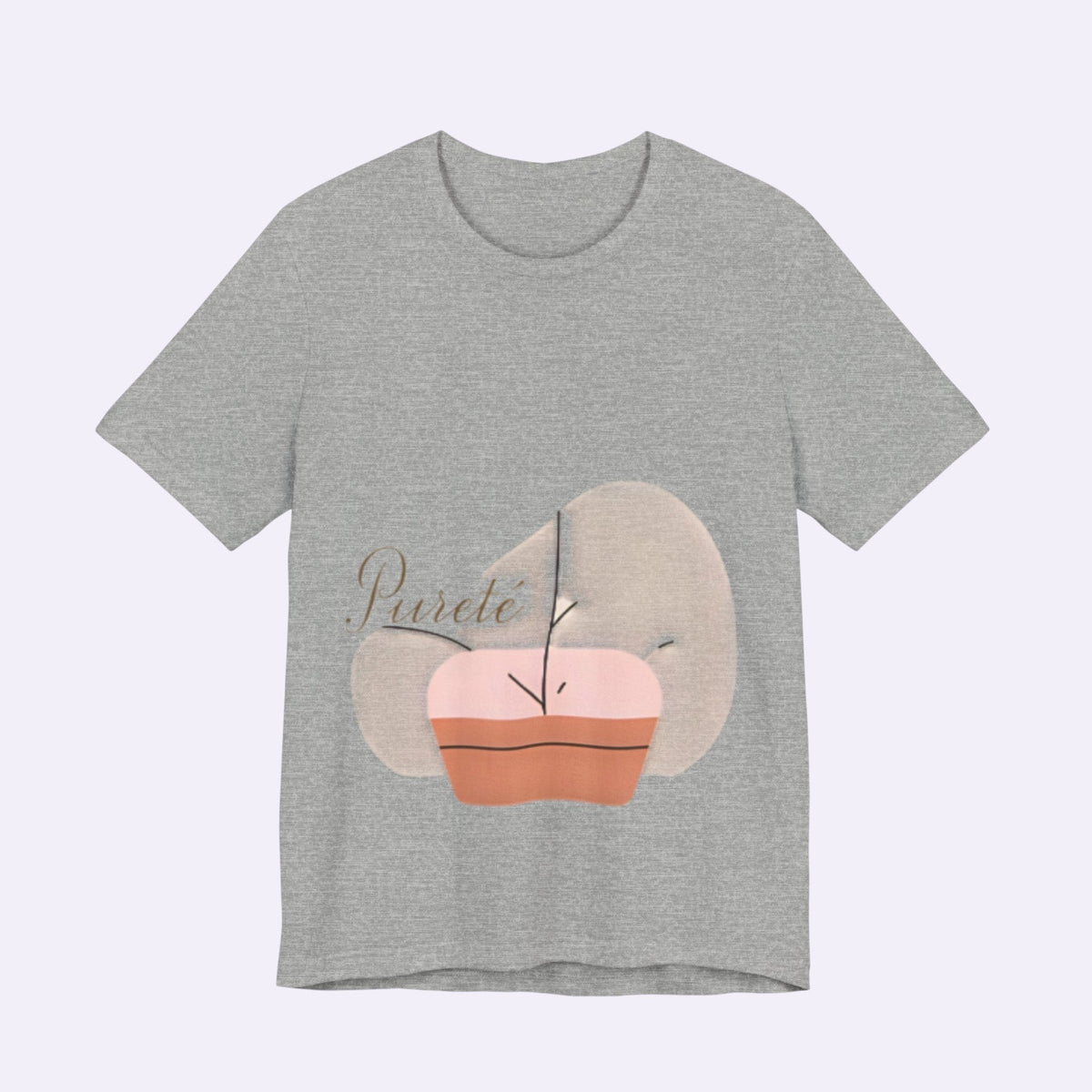 PURETE unisex heather grey jersey short sleeve t-shirt with a minimalist abstract plant graphic on the front.