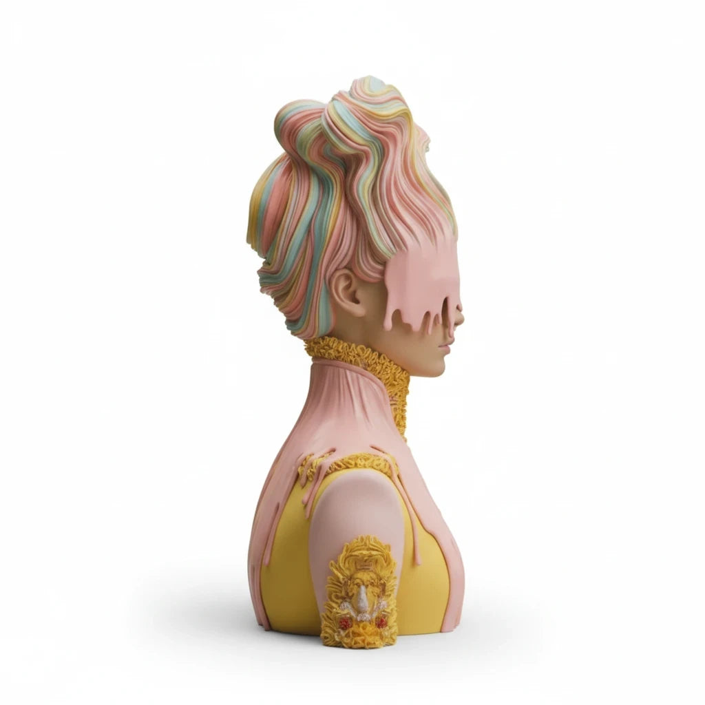 PURETE hardcover journal featuring a surreal artistic bust sculpture with pastel dripping hair and ornate details.