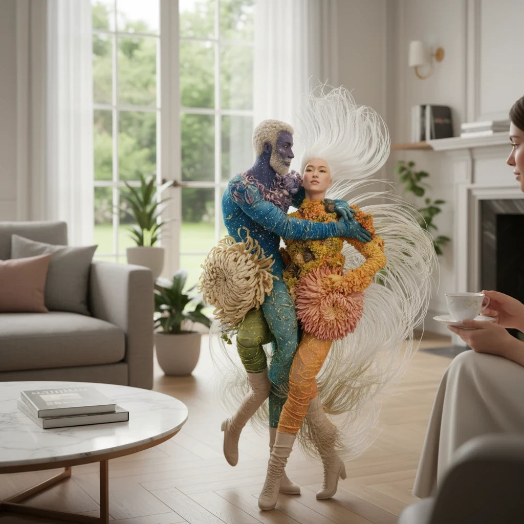 PURETE hardcover journal featuring a surreal artistic illustration of two figures dancing in a bright living room.