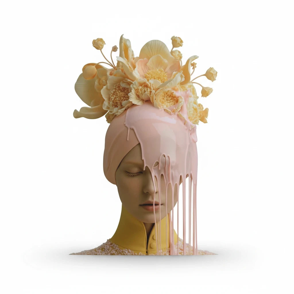 PURETE hardcover journal featuring a surreal artistic portrait of a woman with dripping pink paint and floral crown