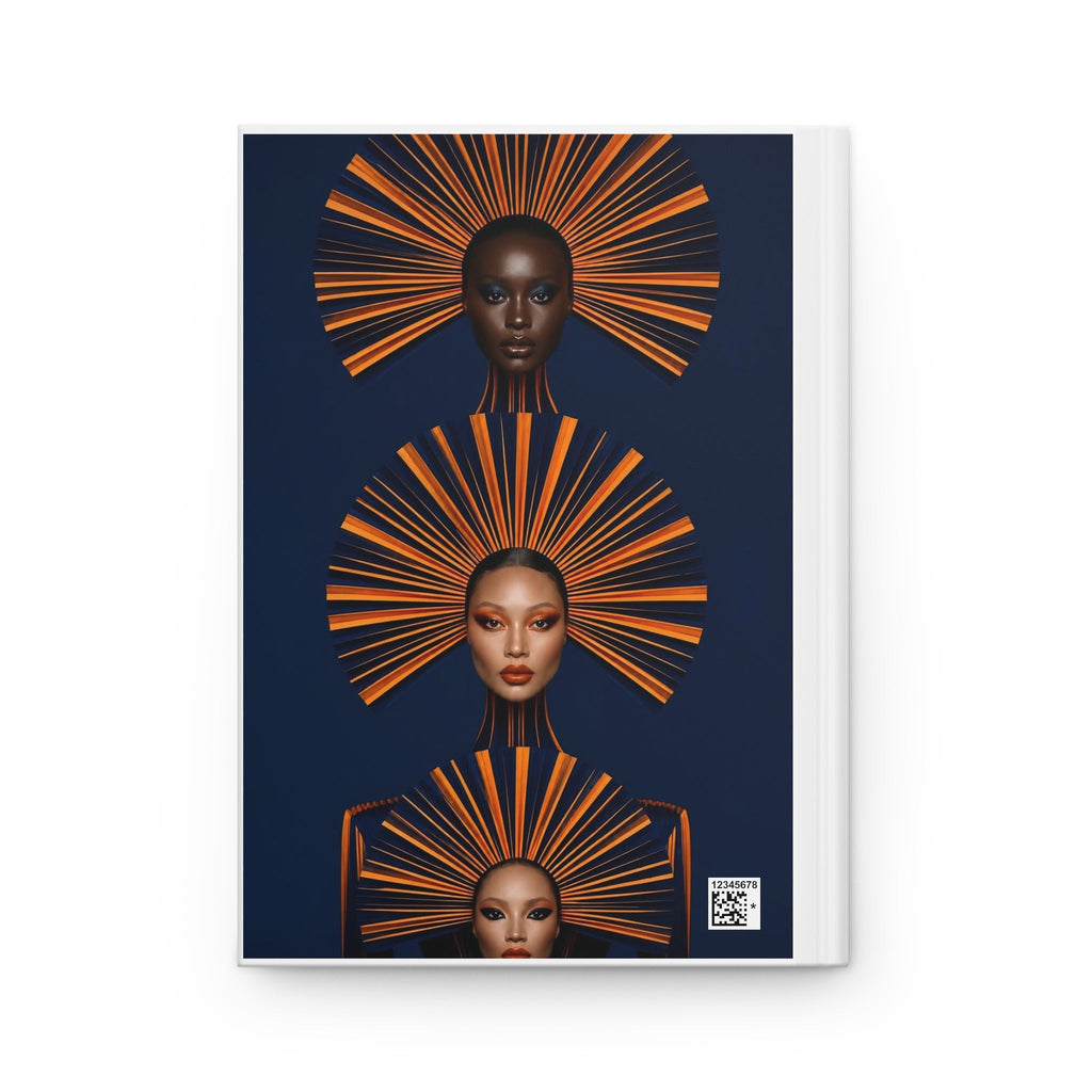 PURETE hardcover journal featuring a dark blue cover with three artistic portraits of women in orange sunburst crowns.