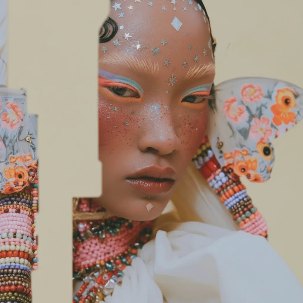 PURETE hardcover journal featuring a close-up artistic portrait of a model with celestial makeup and butterfly wings.