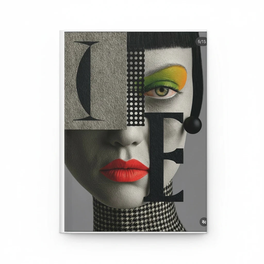 PURETE hardcover journal featuring a stylish artistic portrait with bold typography and vibrant makeup details.